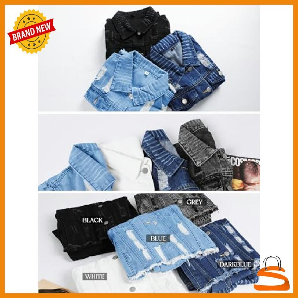 Ripped Puff Sleeve Denim Crop Top Long-Sleeve Jean Jacket - Picture 5 of 8